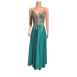 Chica teal green gold embroidery spaghetti straps lace up maxi dress XL